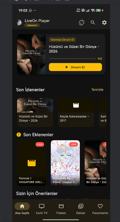 LiveOn Player Mobil Ana Sayfa